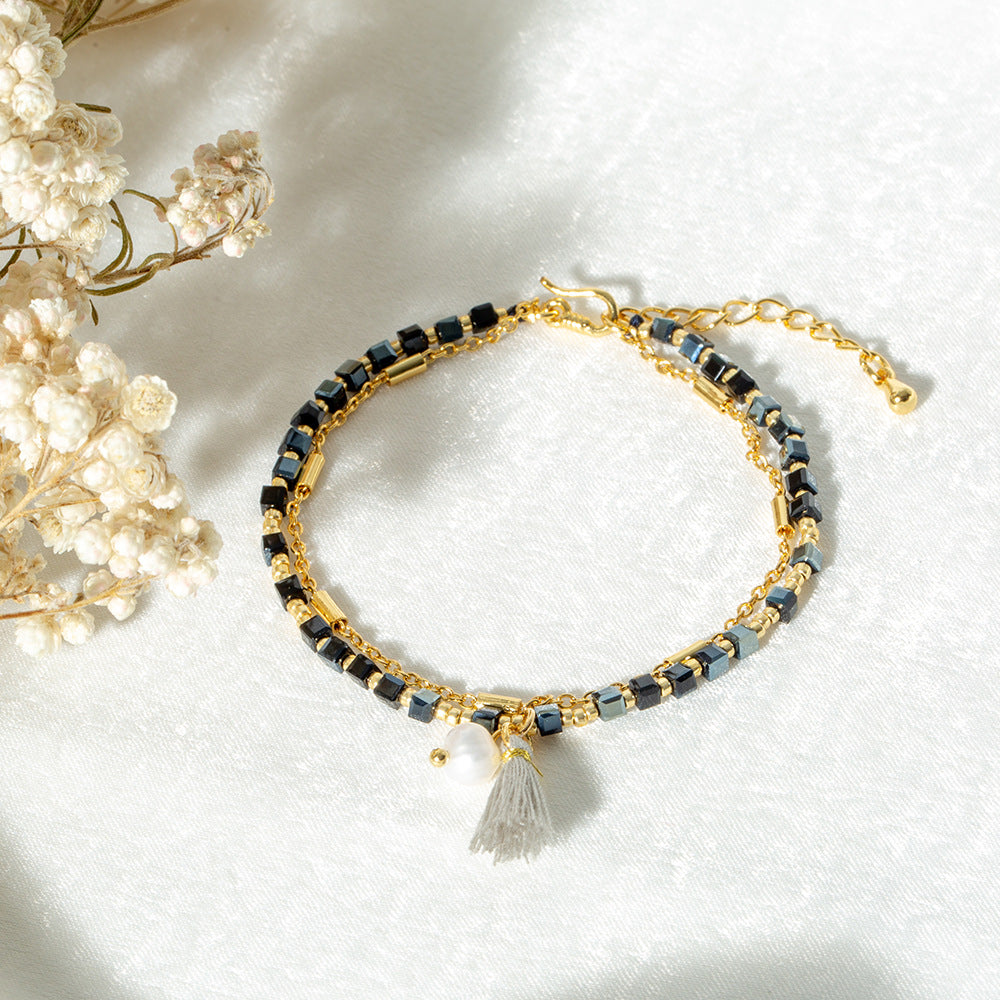 VIKIKO Crystal Cube Beaded & Gold Color Chain Double Bracelet Natural Stone Pearl Tassel Charm Bracelets