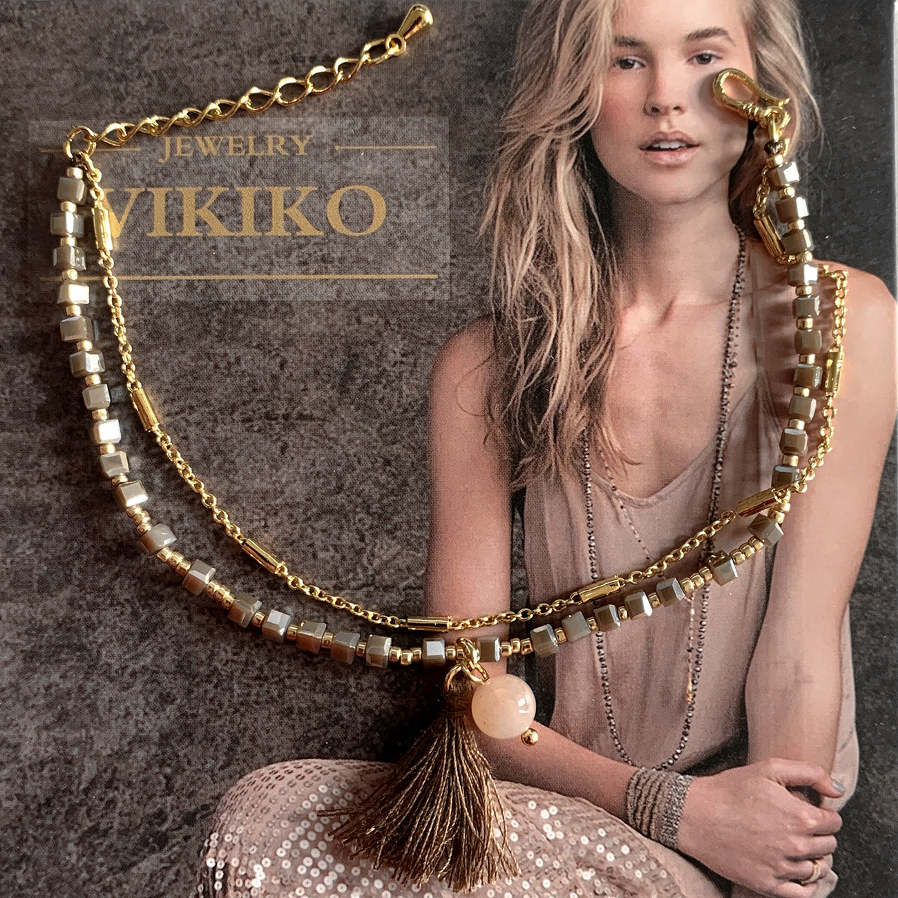 VIKIKO Crystal Cube Beaded & Gold Color Chain Double Bracelet Natural Stone Pearl Tassel Charm Bracelets
