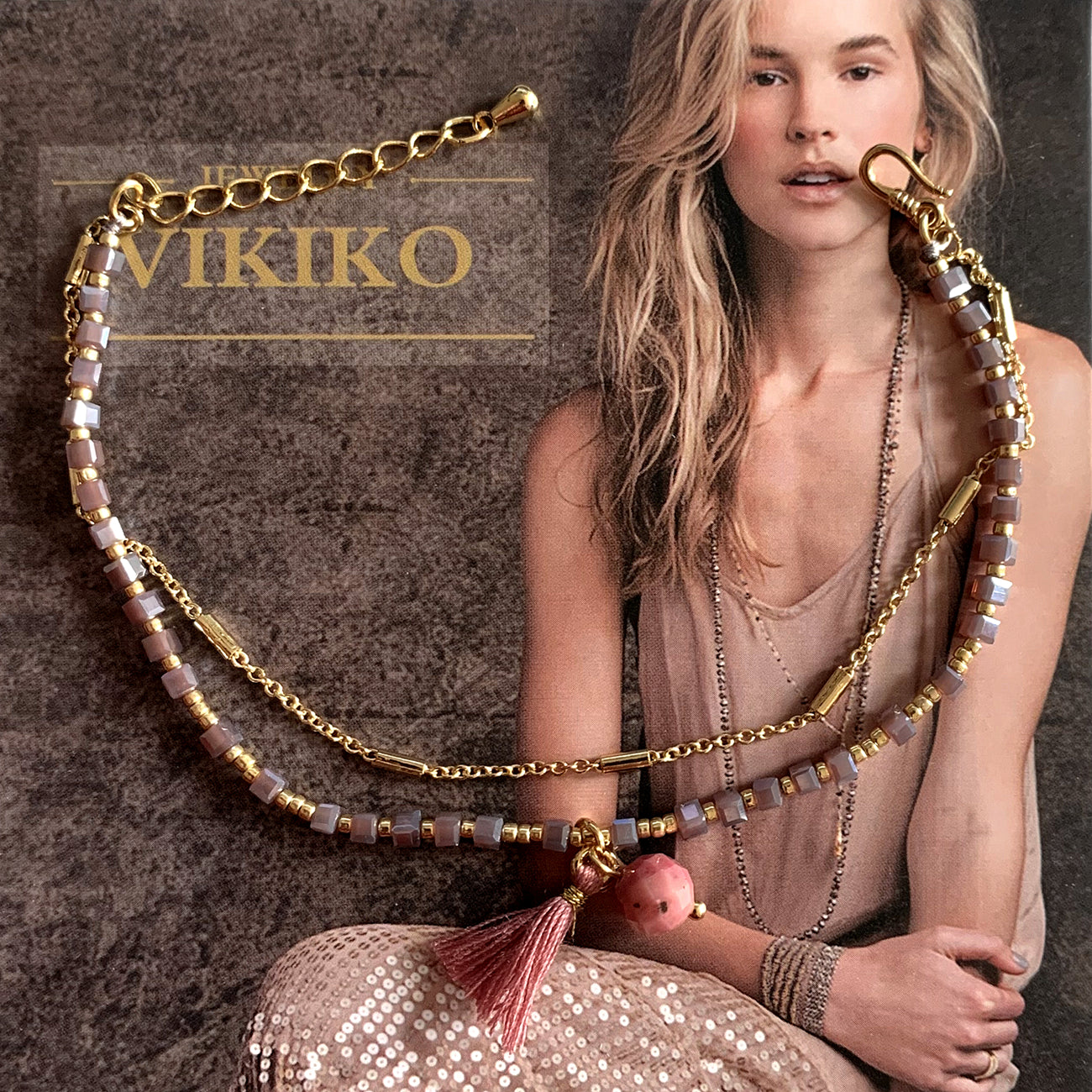 VIKIKO Crystal Cube Beaded & Gold Color Chain Double Bracelet Natural Stone Pearl Tassel Charm Bracelets