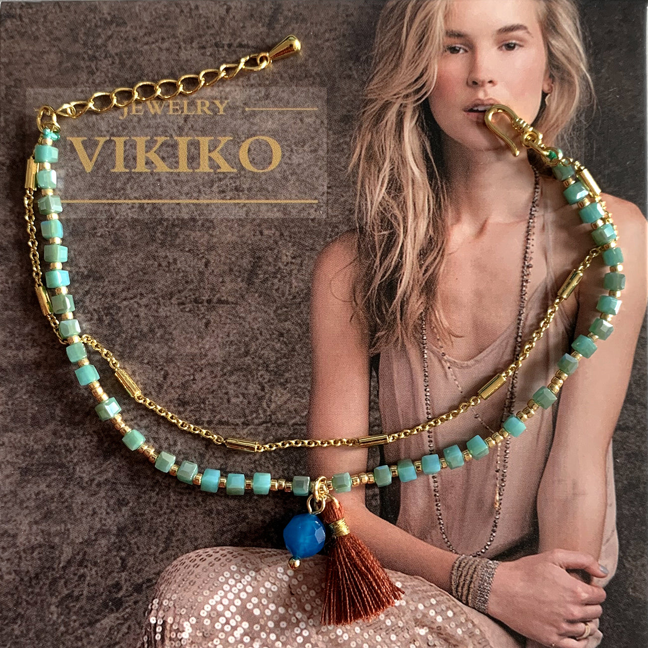 VIKIKO Crystal Cube Beaded & Gold Color Chain Double Bracelet Natural Stone Pearl Tassel Charm Bracelets