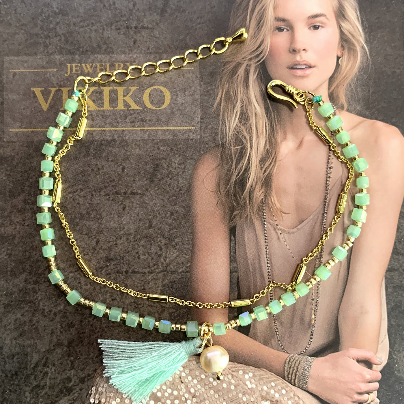 VIKIKO Crystal Cube Beaded & Gold Color Chain Double Bracelet Natural Stone Pearl Tassel Charm Bracelets