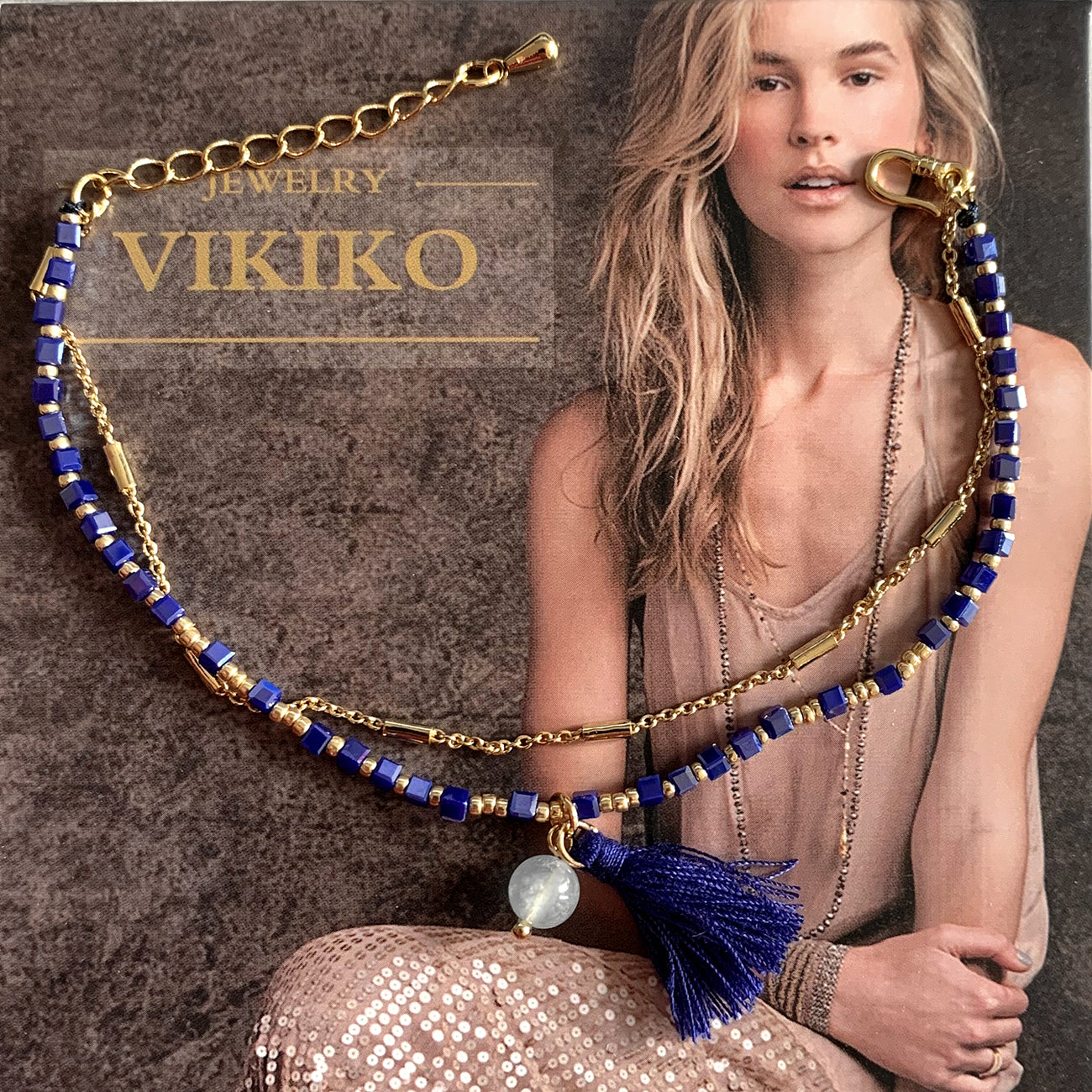 VIKIKO Crystal Cube Beaded & Gold Color Chain Double Bracelet Natural Stone Pearl Tassel Charm Bracelets