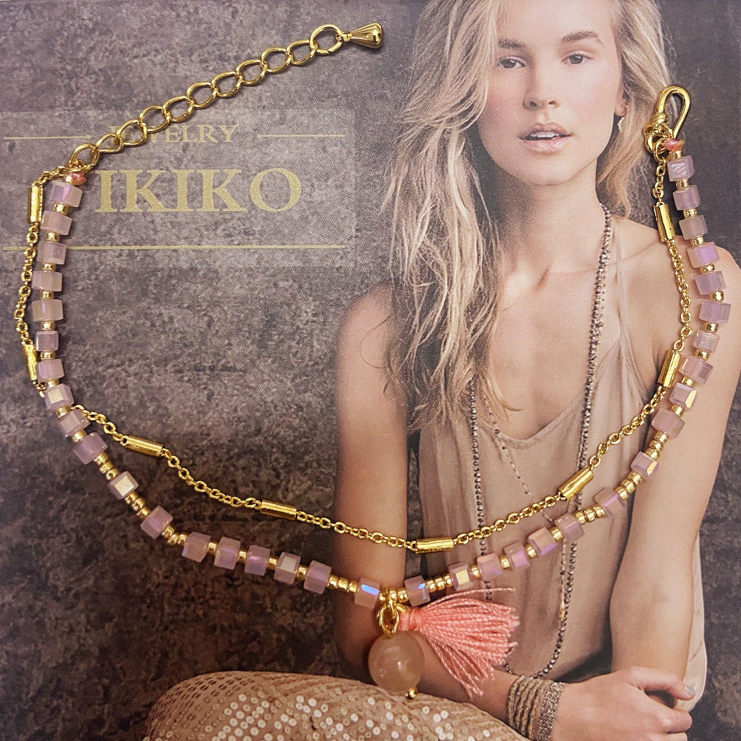 VIKIKO Crystal Cube Beaded & Gold Color Chain Double Bracelet Natural Stone Pearl Tassel Charm Bracelets