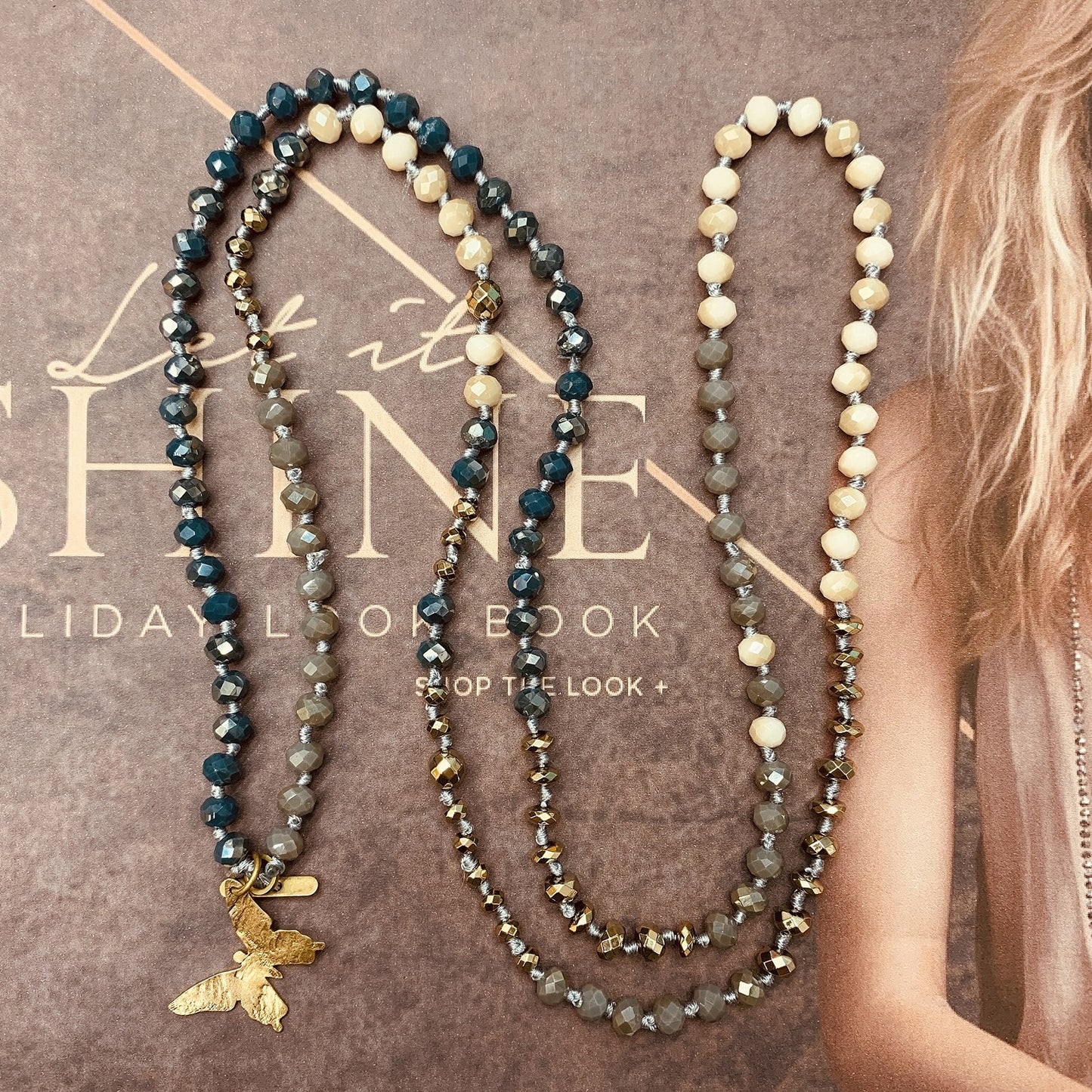 VIKIKO handmade Knotted Necklace Jewelry Gifts Vintage Crystal Beaded Necklace Butterfly Pendant Necklace